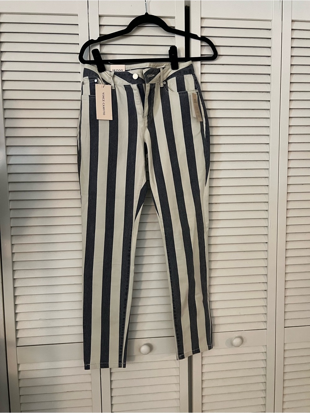Vince Camuto Vertical Stripe Skinny Jeans - Navy & White